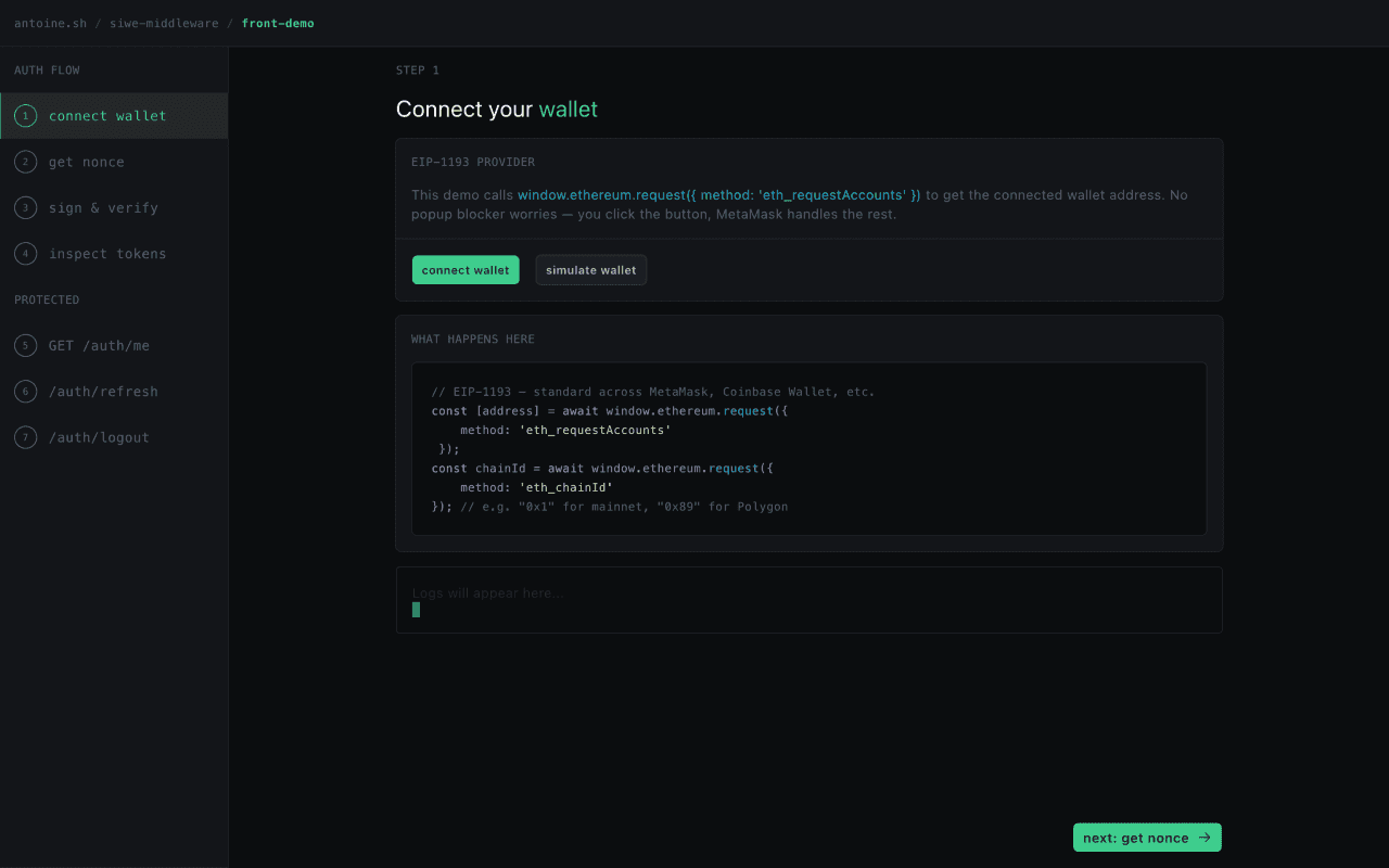 Screenshot of fastify-siwe-middleware project.